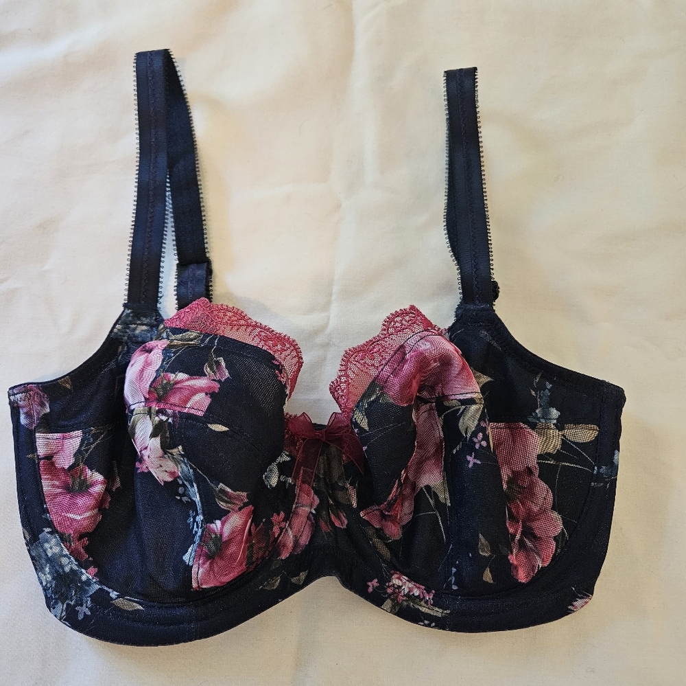30DD/F Panache Navy Bra with Pink Floral Pattern